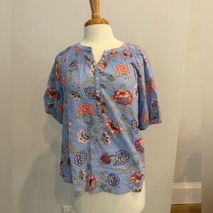 LOFT Blue Floral Blouse with Pink and Orange Accents